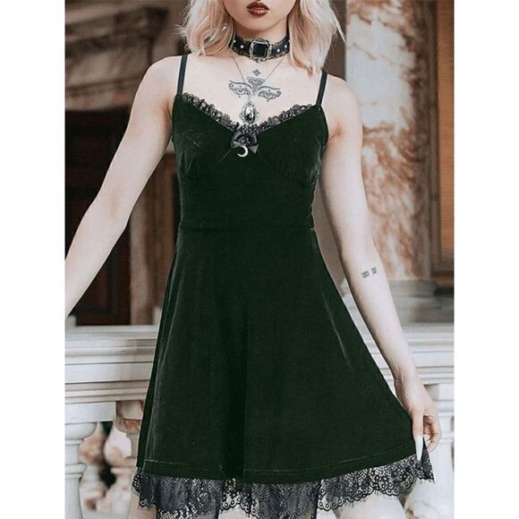 Gothic Lolita Vintage Retro Lace Trim Green Velvet Party Slip Dress SIZE L NEW - Picture 8 of 16